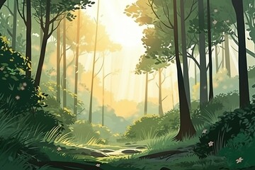 Wall Mural - Daytime forest with anime-style illustration of light. Generative AI