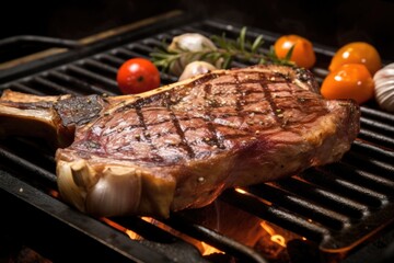 Poster - detail shot of t-bone steak sizzling on a grill pan