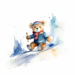  Watercolor teddy bear skiing down a snowy slope, single, white background. AI generated
