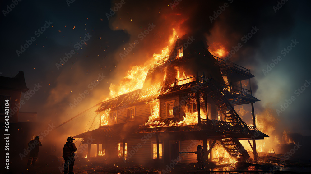 State of emergency. Firefighters are putting out a fire on the roof of ...