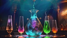 Fantasy Laboratory Glassware With Mysterious Glowing Liquid. Secret Science Experiment. Cartoon Or Anime Watercolor Painting Illustration Style. Seamless Looping 4K Time-lapse Virtual Video Animation.