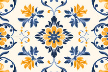 Rustic Blue Tile Watercolor Seamless Pattern. Pattern Of Azulejos Tiles 