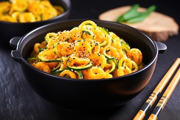 Poster - zoodles coated with sesame seeds in a glossy black bowl