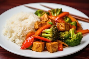 Sticker - tofu stir-fry with a side of white steamed rice