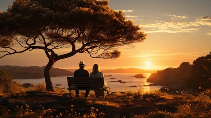 Sticker - silhouette of a couple sitting on a bench at sunset