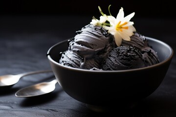 Poster - close-up of squid ink ice cream on a black ceramic bowl