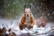 a squirrel scampering to find shelter in a sudden hail storm