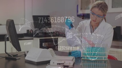 Poster - animation of dna structure, changing numbers over caucasian female scientist working at laboratory