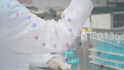 Poster - animation of spinning dna structure over mid section of male scientist working at laboratory
