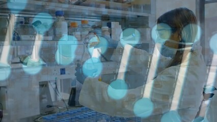 Poster - Animation of spinning dna structure against caucasian female scientist working at laboratory