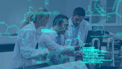 Poster - animation of medical data processing over diverse scientists using computer together at laboratory