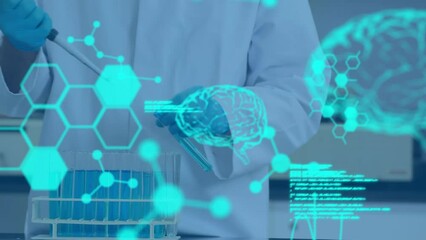 Poster - animation of medical data processing against mid section of male scientist working at laboratory