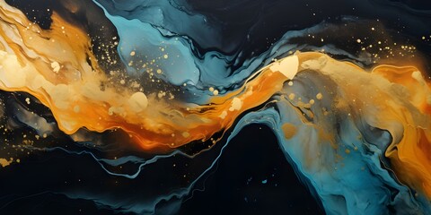 Wall Mural - Acrylic marble painting in dark background with crushed gold. Made in fluid art style.