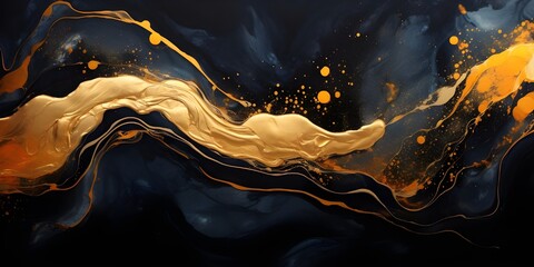 Wall Mural - Acrylic marble painting in dark background with crushed gold. Made in fluid art style.