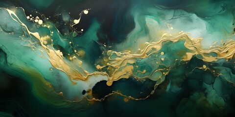 Wall Mural - Acrylic marble painting in dark background with crushed gold. Made in fluid art style.