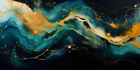 Wall Mural - Abstract marble waves painting with crushed gold. Made in fluid art style.