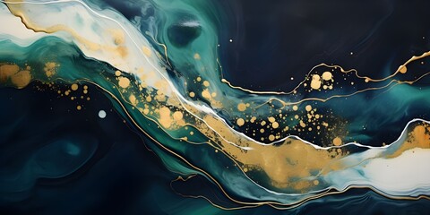 Wall Mural - Abstract marble waves painting with crushed gold. Made in fluid art style.