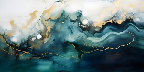 Wall Mural - Abstract marble waves painting with crushed gold. Made in fluid art style.