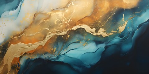Wall Mural - Abstract marble waves painting with crushed gold. Made in fluid art style.