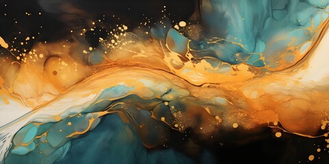 Wall Mural - Abstract marble waves painting with crushed gold. Made in fluid art style.