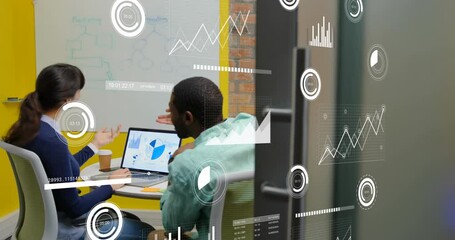 Poster - Animation of statistical data processing against diverse man and woman discussing at office
