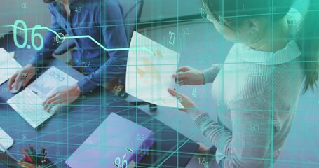 Poster - Animation of data processing against diverse man and woman discussing over a document at office