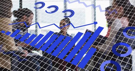 Poster - Animation of statistical data processing over group of businesspeople discussing together at office