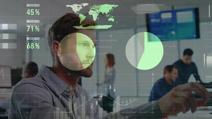 Poster - Animation of statistical data processing against caucasian man talking on phone at office