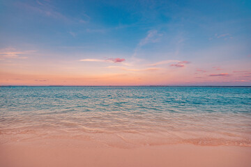Wall Mural - beach nature closeup. sea waves sandy coast and colorful dreamlike sky clouds. relaxing panoramic em
