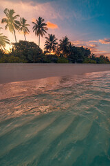 Poster - Amazing closeup sea wave beach panorama. Dramatic romantic colorful sunset paradise island coconut palm trees cloud sky. Best tropical coast sunlight reflection silhouette, fantastic nature background
