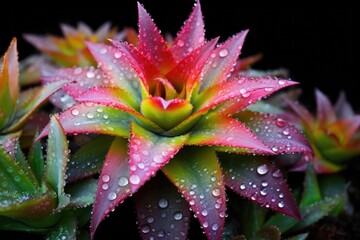 Canvas Print - close-up of a dew-covered, colorful bromeliad plant