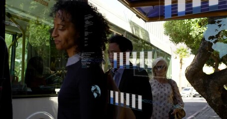 Poster - Animation of graphs, globes and computer language, diverse friends talking at bus stop