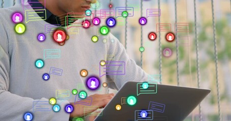 Poster - Animation of message boxes, profile icons, caucasian man working on laptop and checking smartwatch
