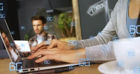 Poster - Animation of multiple 6g texts over beautiful caucasian woman typing on keyboard of laptop