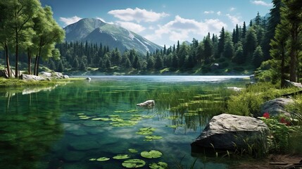 Sticker -  a painting of a mountain lake with lily pads in the foreground.  generative ai