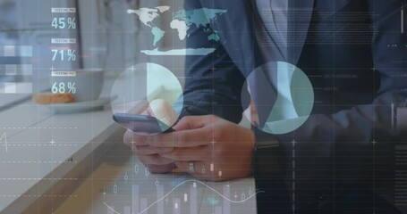 Aufkleber - Animation of infographic interface over midsection of caucasian businessman using smartphone