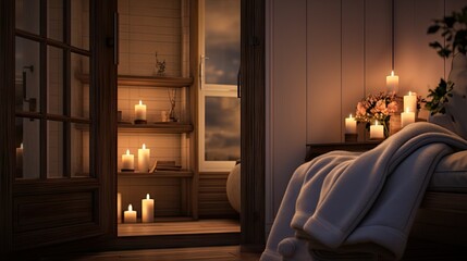 Canvas Print -  a room with candles and a bed with a blanket on it.  generative ai