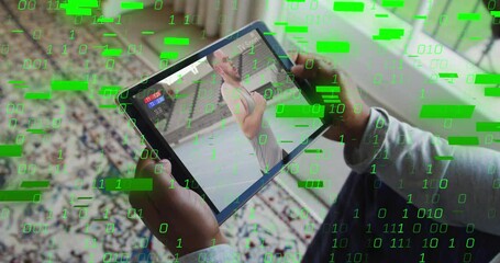 Poster - Animation of lines, binary codes over cropped hands of biracial man watching video on digital tablet