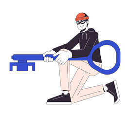Poster - Man in mask holding key flat line color vector character. Trying to open. Editable outline full body person on white. Simple cartoon spot illustration for web graphic design