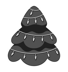 Poster - Christmas tree string lights black and white 2D cartoon object. Lightbulbs xmas pine tree isolated vector outline item. Winter holidays. Garland glowing spruce monochromatic flat spot illustration