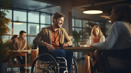 Canvas Print - Unified Teamwork: Wheelchair Member in Bright Workplace