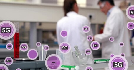 Poster - animation of 5g text in circles over caucasian researchers discussing in laboratory