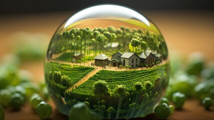 Canvas Print -  a glass ball with a picture of a farm in it.  generative ai