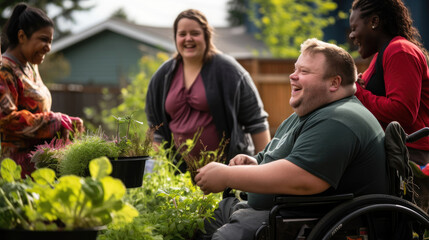 Wall Mural - Lush garden: person with Down syndrome leads with laughter and enthusiasm.