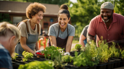 Canvas Print - Neighbors with diverse abilities tend to a vibrant garden.