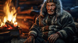 Fototapeta  - Sami Elder Reflects in Cozy Lavvu by Roaring Fire