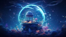  A Painting Of A Fish Bowl With A Lighthouse In It.  Generative Ai