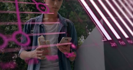 Poster - Animation of graphs, globe, computer language over biracial man scrolling on cellphone holding food