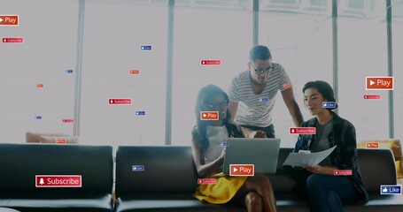 Poster - Animation of multiple notification bars over diverse coworkers discussing reports on laptop