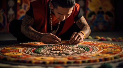 Wall Mural - Tibetan artist crafting temporary masterpiece with colored grains in sand mandala